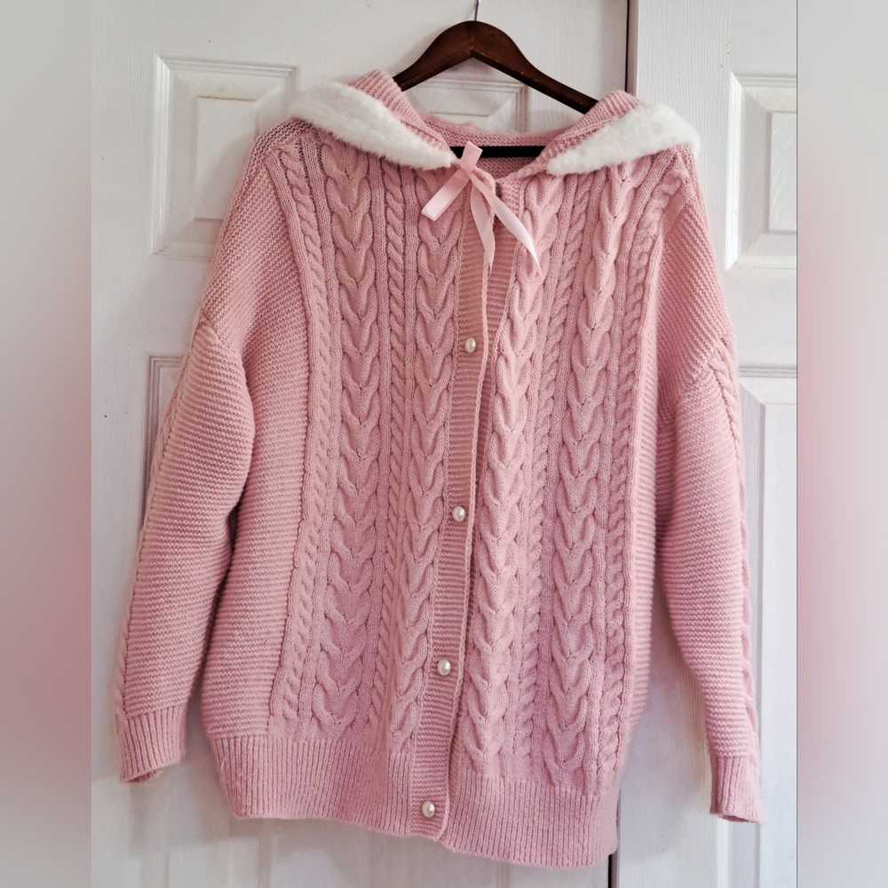 ROMWE Pink Hooded Cable Knit Cardigan Pearl Buttons Cozy Soft Thick Warm